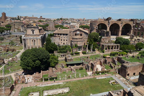 Ancient Roman Forum aerial panoramic view, heart of Roman Empire, famous tourist forum romanum landmark, Rome, Italy
