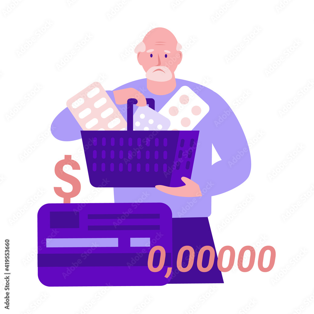 A sad elderly man with pills, medicines in a shopping basket spent all the money on treatment. No credit card money. Vector illustration in flat style. A sad elderly man with pills, medicines in a shopping basket spent all the money on treatment. No credit card money. Vector illustration in flat style.