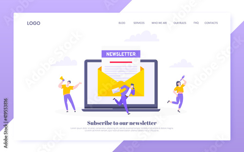 Subscribe now to our newsletter vector illustration with tiny people working with laptop, envelope and newsletter. Email news subscription or mail marketing business flat style design concept.