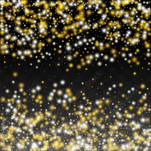 Gold Glitter Vector Texture on a Black. Golden Glow Pattern. Golden Christmas and New Year Snow. Golden Explosion of Confetti. Star Dust. Abstract Flicker Background with a Party Lights Design.