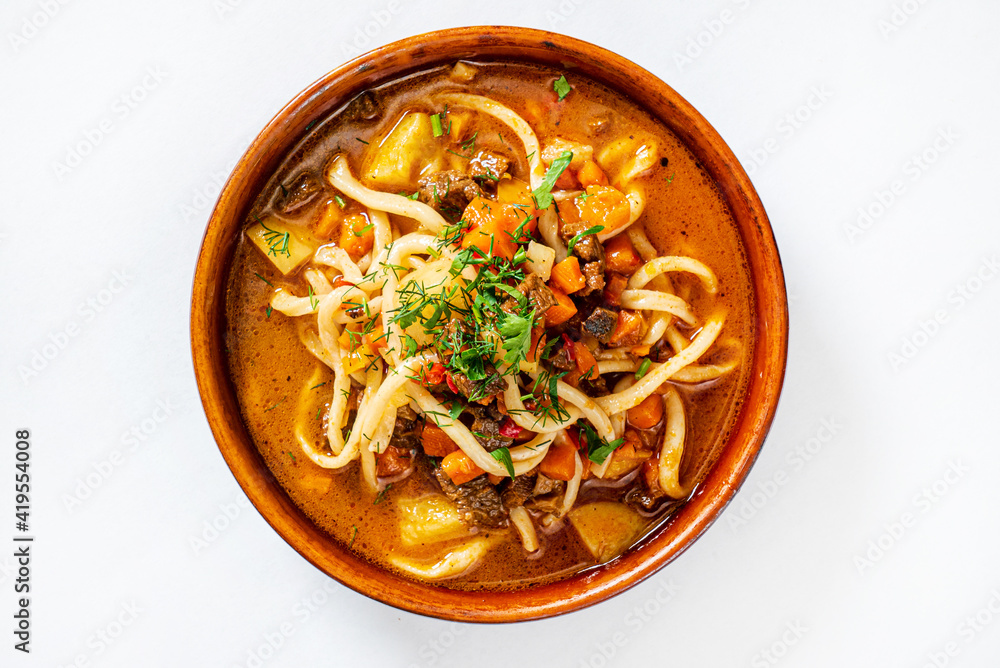 Laghman soup with meat and vegetables