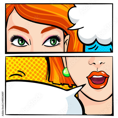Female face in pop art style. Horizontal banners with eyes, open mouth and speech bubbles