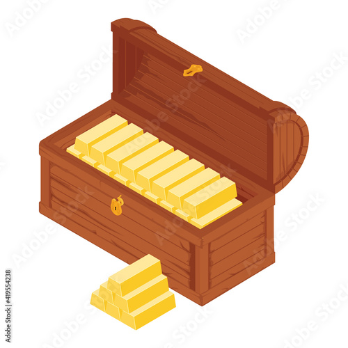 Old wooden chest with gold bars isolated on white background
