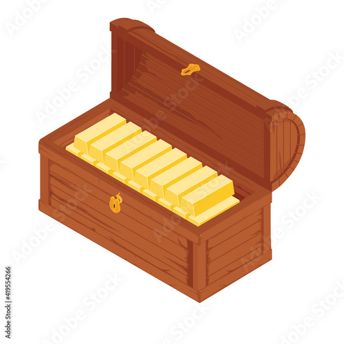 Old wooden chest with gold bars isolated on white background