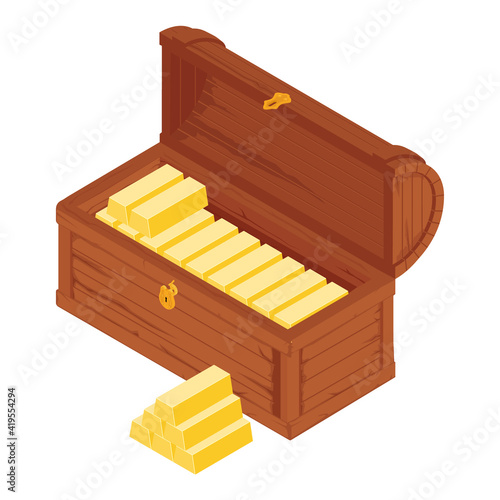 Old wooden chest with gold bars isolated on white background