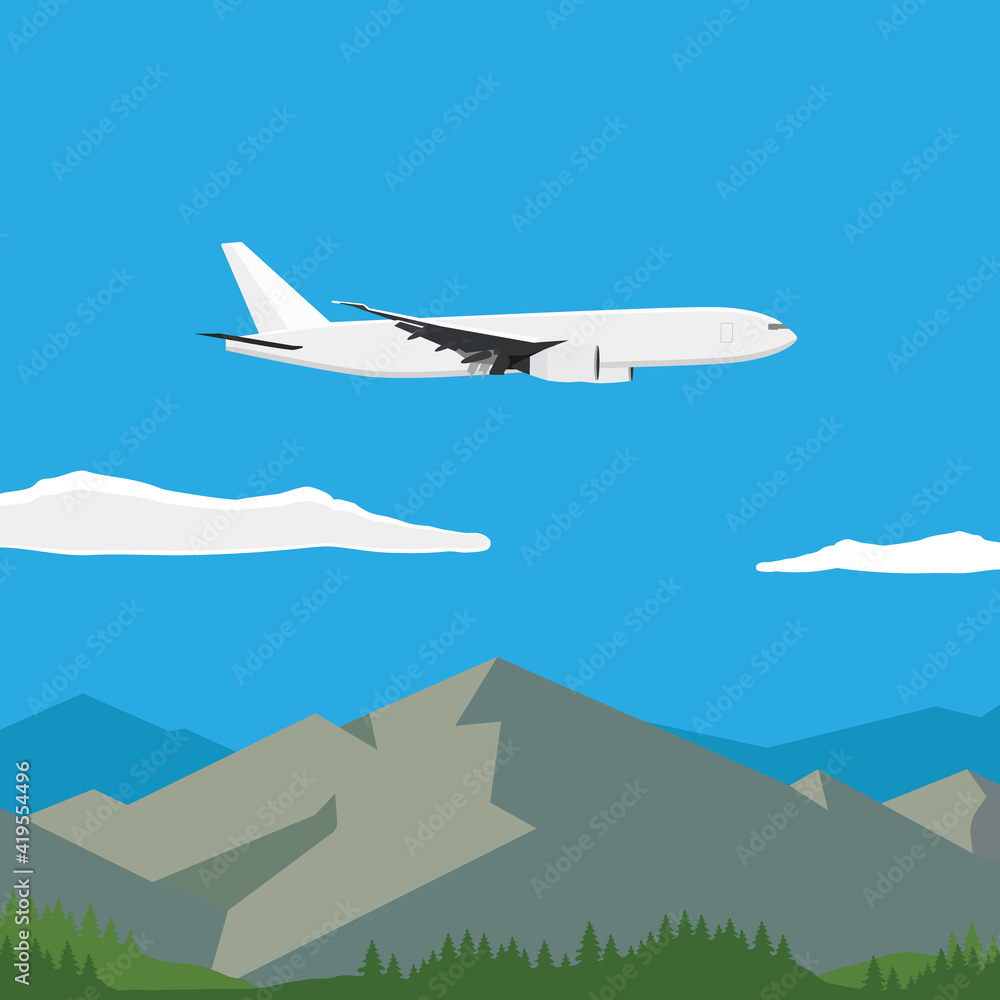 Landscape view of mountains, forest and flying airplane. Summer and spring landscape, background.