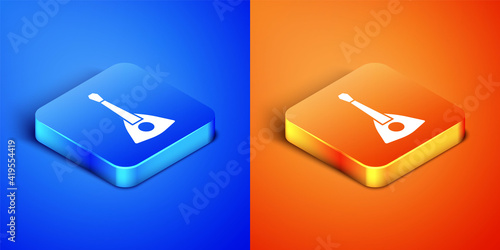 Isometric Musical instrument balalaika icon isolated on blue and orange background. Square button. Vector.