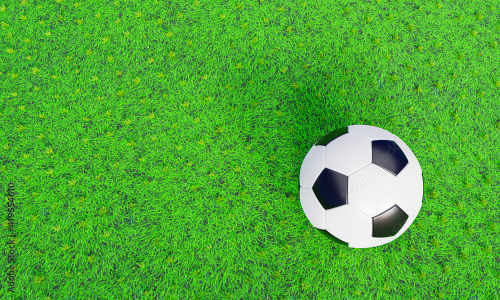 Realistic soccer ball or football ball basic pattern on green grass field. 3d Style and rendering concept for game. Use for background or wallpaper. Realistic soccer ball or football ball basic pattern on green grass field. 3d Style and rendering concept for game. Use for background or wallpaper.