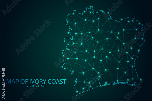 Map of Ivory Coast - With glowing point and lines scales on The Dark Gradient Background, 3D mesh polygonal network connections. Vector illustration eps10.
