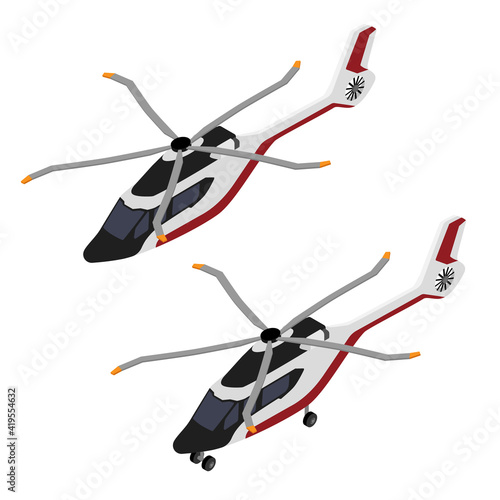 Realistic helicopter with landing gear wheels isolated on white background isometric view