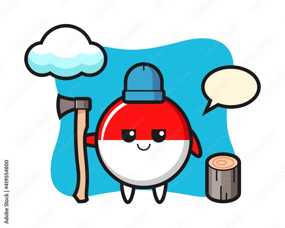 Fototapeta premium Character cartoon of indonesia flag badge as a woodcutter