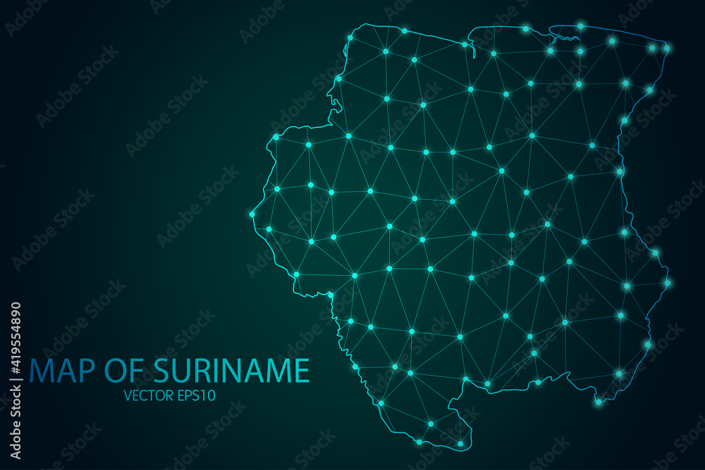 Fototapeta premium Map of Suriname - With glowing point and lines scales on The dark gradient background, 3D mesh polygonal network connections. Vector illustration eps10.