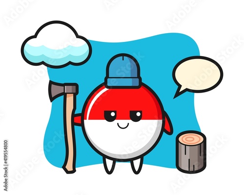 Character cartoon of indonesia flag badge as a woodcutter