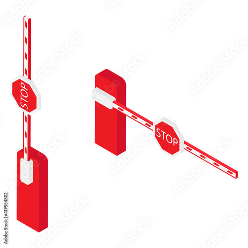 Car barrier gate with stop sign isometric view isolated on white background. Entry system concept