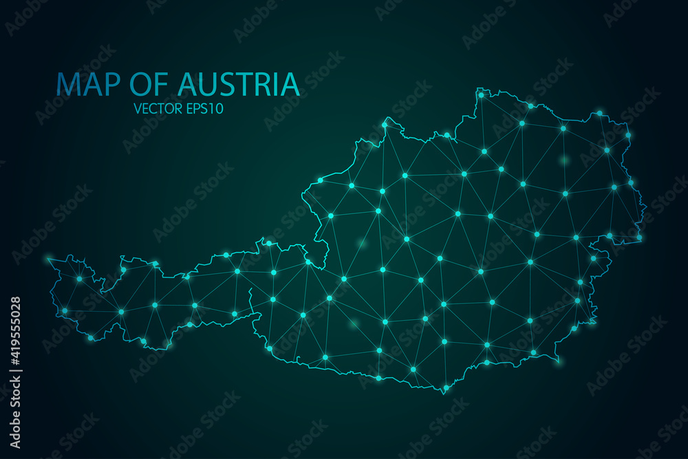 Map of Austria - With glowing point and lines scales on The Dark Gradient Background, 3D mesh polygonal network connections. Vector illustration eps10. Map of Austria - With glowing point and lines scales on The Dark Gradient Background, 3D mesh polygonal network connections. Vector illustration eps10.