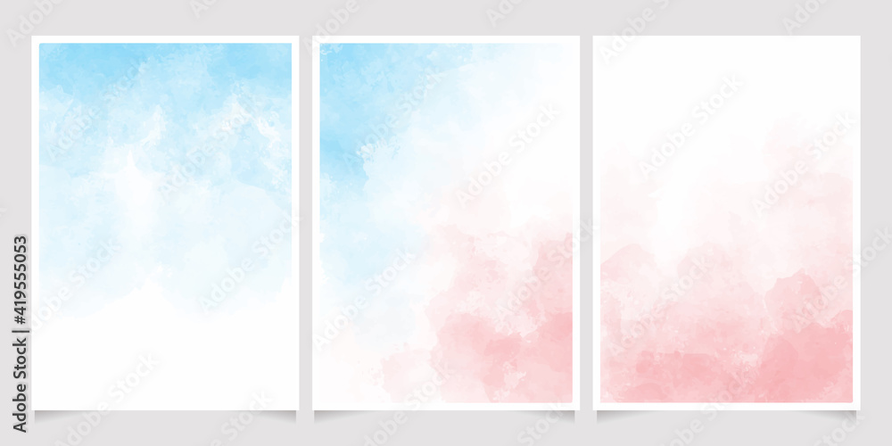 blue and pink watercolor wet wash splash 5x7 invitation card background template collection