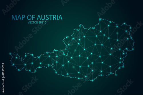 Map of Austria - With glowing point and lines scales on The Dark Gradient Background, 3D mesh polygonal network connections. Vector illustration eps10.