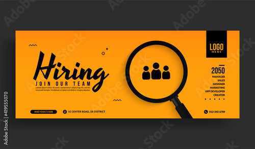 Minimal job vacancy social media cover banner template, We are hring background with magnifying glass