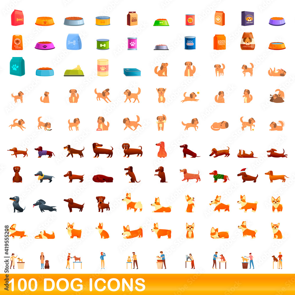100 dog icons set. Cartoon illustration of 100 dog icons vector set isolated on white background