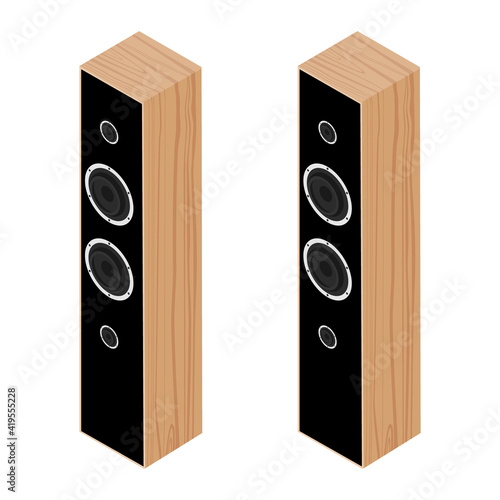 Black acoustic speakers, loudspeakers isolated on white background isometric view