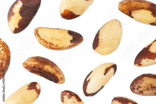 Brazilian nut isolated on white background. Group of  brazil nut close up view. Macro shot tasty brazil nut isolated with clipping path.
