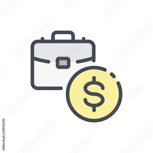 Salary and Business portfolio color line icon. Briefcase with dollar coin vector outline colorful sign.