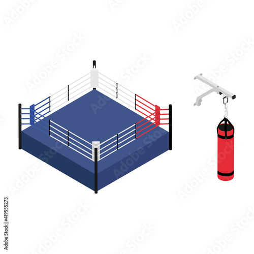 Empty boxing ring  and boxing punching bag isometric view.  Boxing ring ropes, platform for training