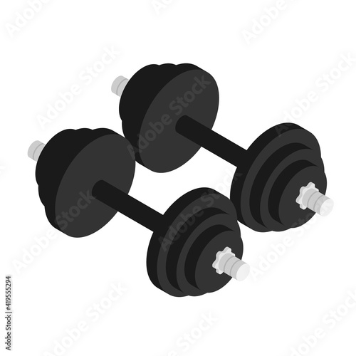 Black dumbbell isolated on white isometric view.  Body building and weight lifting concept