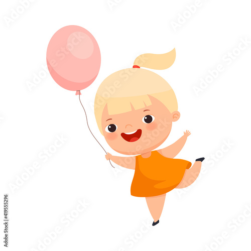 Little Blond Girl with Overweight and Body Fat Holding Toy Balloon Vector Illustration