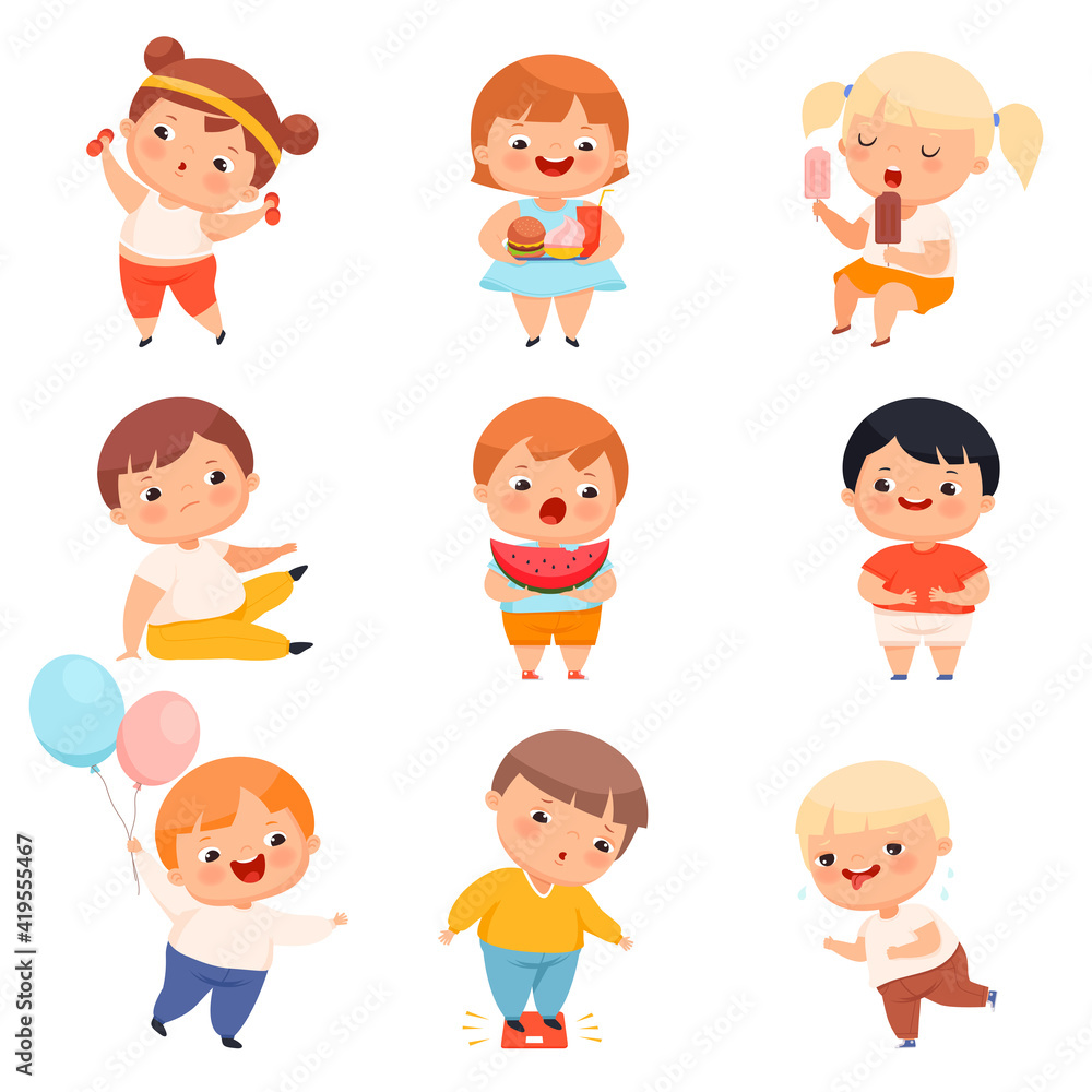 Little Boy and Girl with Overweight and Body Fat Eating and Engaged in Sportive Activity Vector Set Little Boy and Girl with Overweight and Body Fat Eating and Engaged in Sportive Activity Vector Set