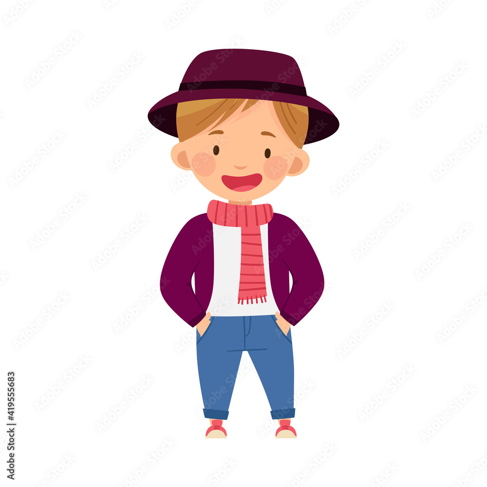 Fashionable Boy Standing in Trendy Jacket and Wide Brimmed Hat Vector Illustration
