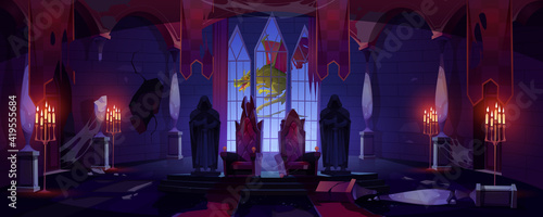 Abandoned castle throne room with dragon outside