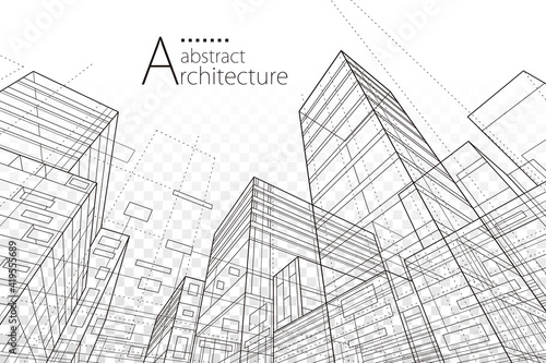 Architecture building construction perspective line drawing design abstract background.