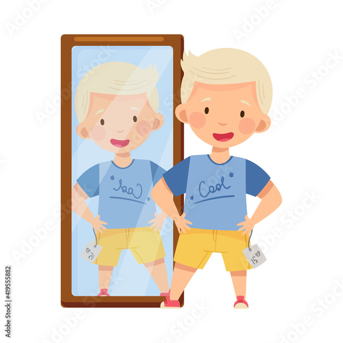 Stylish Blond Boy Fitting Fashion Pair of Shorts with Price Tag in Front of the Mirror in Shopping Mall Vector Illustration