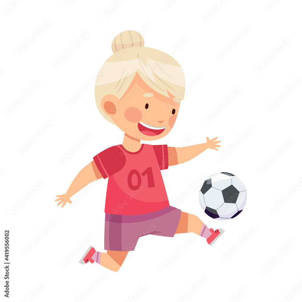 Little Girl in Sports Shirt and Shorts Playing Football Kicking Ball with His Foot Vector Illustration