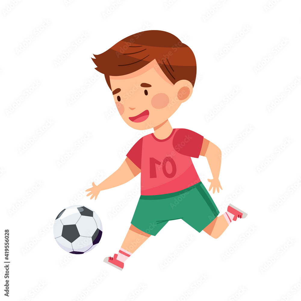 Cheerful Boy in Sports Shirt and Shorts Playing Football Passing Ball with His Foot Vector Illustration