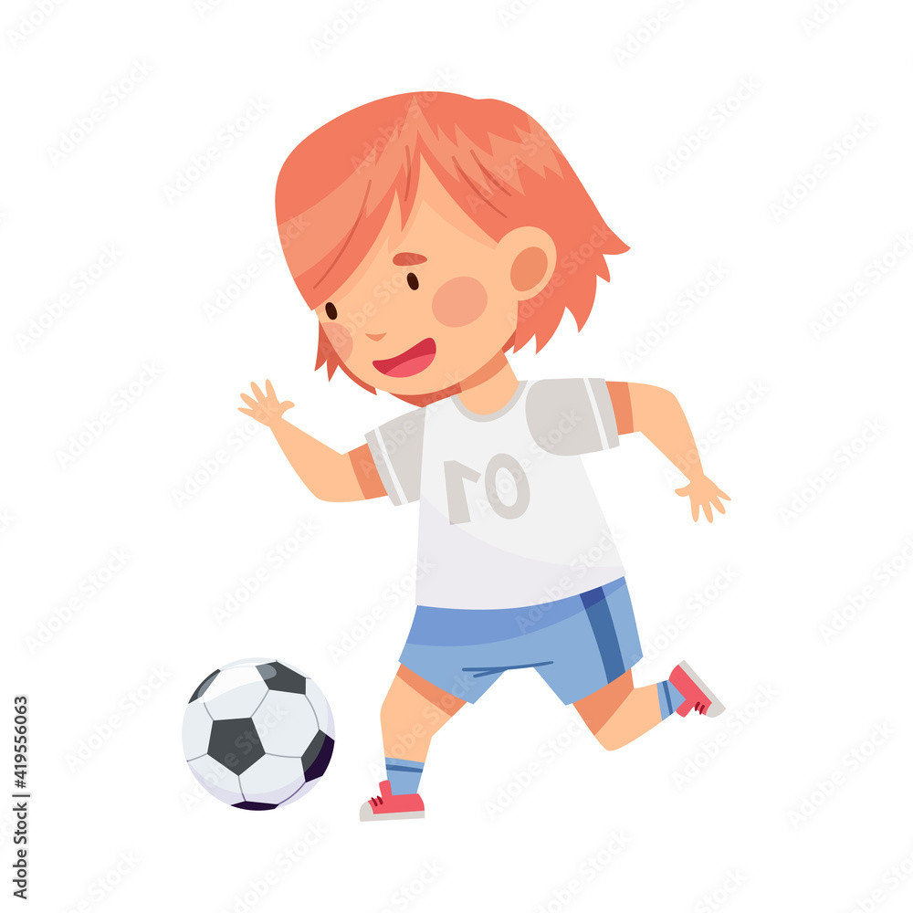 Cheerful Girl in Sports Shirt and Shorts Playing Football Passing Ball with Her Foot Vector Illustration Cheerful Girl in Sports Shirt and Shorts Playing Football Passing Ball with Her Foot Vector Illustration