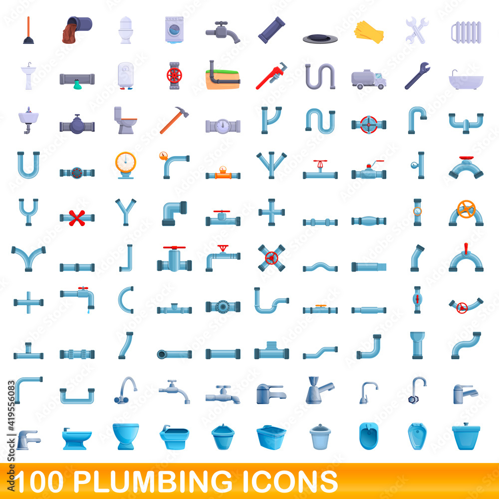 Naklejka premium 100 plumbing icons set. Cartoon illustration of 100 plumbing icons vector set isolated on white background