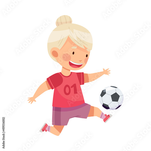 Little Girl in Sports Shirt and Shorts Playing Football Kicking Ball with His Foot Vector Illustration