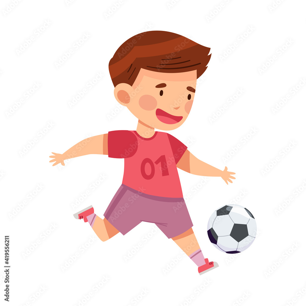 Cheerful Boy in Sports Shirt and Shorts Playing Football Passing Ball with His Foot Vector Illustration