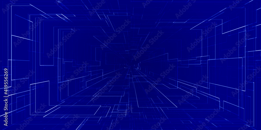 Digital technology blue tunnel speed wrap hi tech background. Hi tech digital concept.