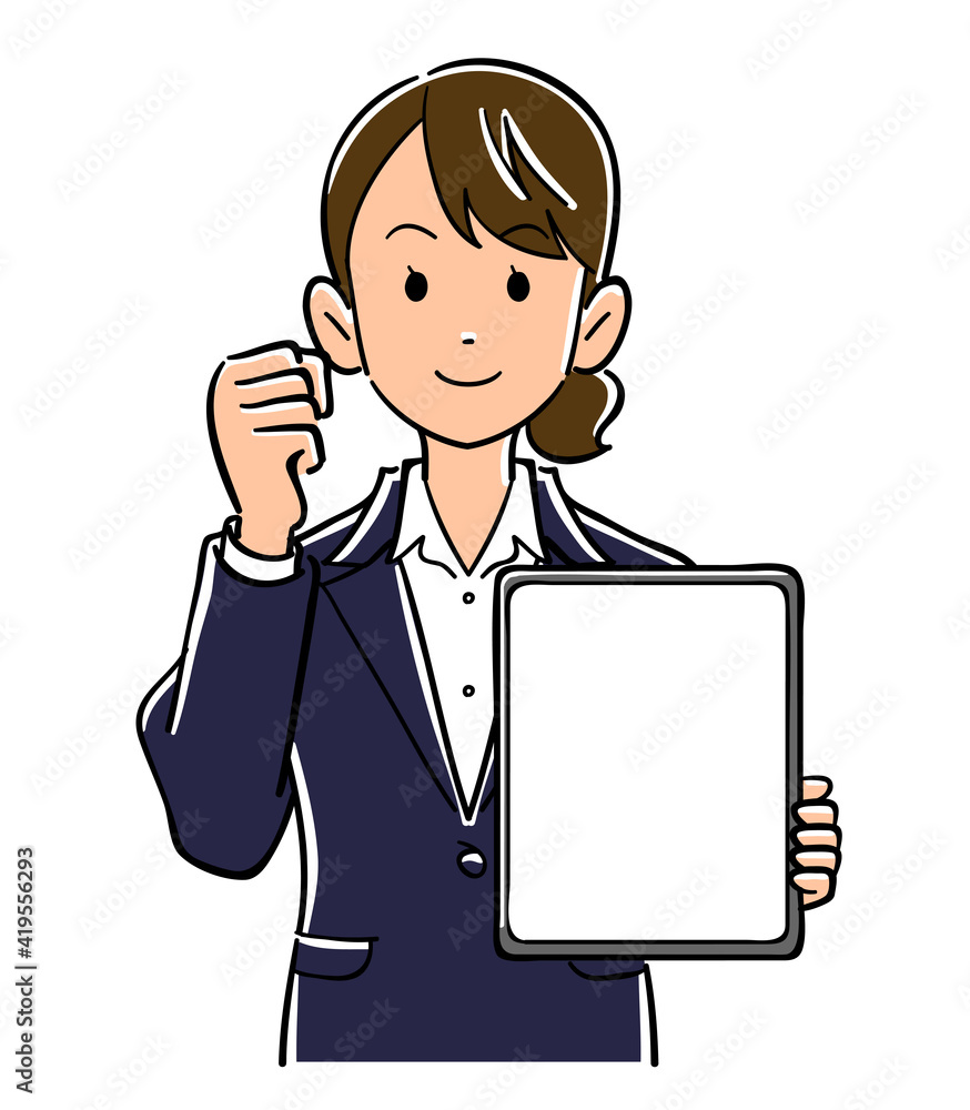 画面が空欄のタブレットPCを持ちガッツポーズするスーツ姿の女性

