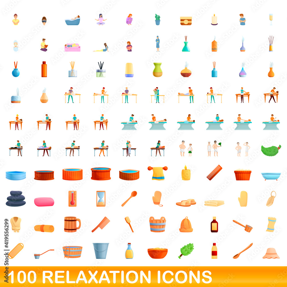 100 relaxation icons set. Cartoon illustration of 100 relaxation icons vector set isolated on white background 100 relaxation icons set. Cartoon illustration of 100 relaxation icons vector set isolated on white background