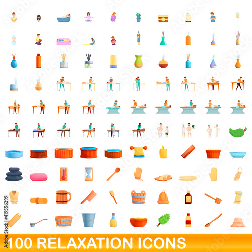 100 relaxation icons set. Cartoon illustration of 100 relaxation icons vector set isolated on white background