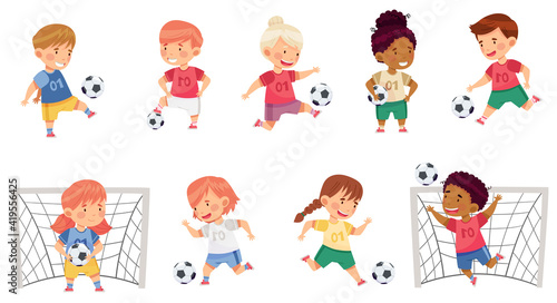 Little Boy and Girl in Sports Shirt and Shorts Playing Football Kicking Ball and Scoring Goal Vector Set