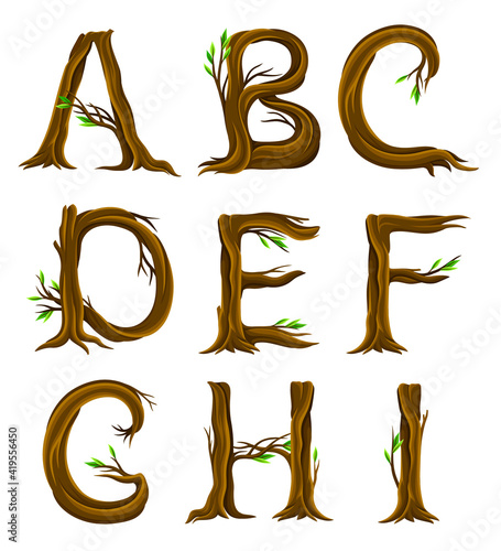 Forest Alphabet with Letters Arranged from Tree Trunks and Branches Vector Set