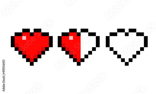 Vector heart pixel icons set. Red heart. Full heart, half, empty. Vector illustration