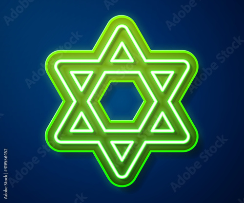 Glowing neon line Star of David icon isolated on blue background. Jewish religion symbol. Symbol of Israel. Vector.