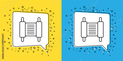 Set line Torah scroll icon isolated on yellow and blue background. Jewish Torah in expanded form. Star of David symbol. Old parchment scroll. Vector.