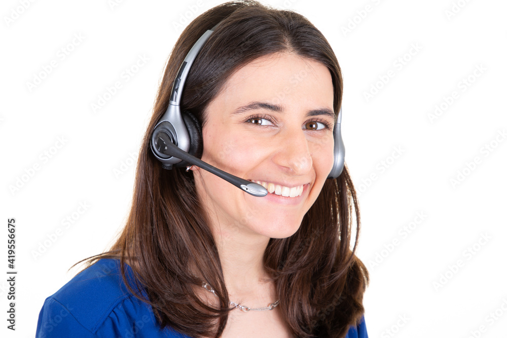 woman brown hair technical support operator with headset isolated on white background woman brown hair technical support operator with headset isolated on white background